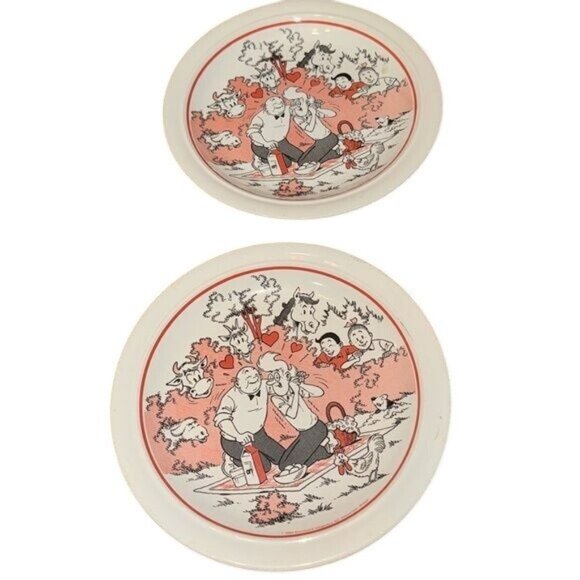 Vintage Ceramic Plates With Romantic Picnic Scene & Farm Animals